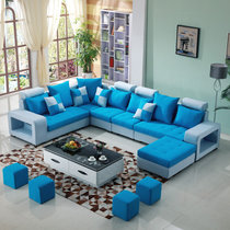 紫茉莉 沙发 布艺沙发 小户型沙发 简约现代客厅三人转角布艺沙发(浅色天蓝 三件套送地毯)