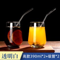 玻璃杯家用牛奶果汁ins网红水杯女简约风茶杯酒杯饮料高颜值杯子(高款透明2只+送2个玻璃吸管 开水直入破损包赔)