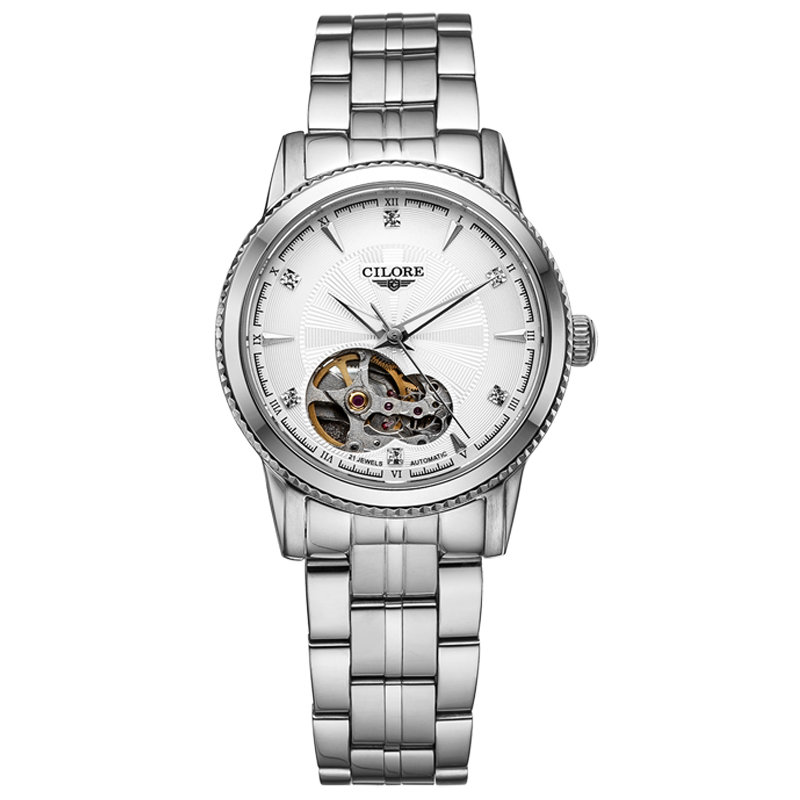 情侣表女镂空全自动机械表时尚精钢带防水女士手表(白钢白面)图片大全