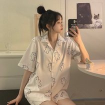 SUNTEK新款ins韩国卡通小熊睡衣夏季网红可爱短袖短裤可外穿家居服套装(JIA-白色小熊-双短)