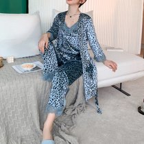 向大大XW9214秋冬新款金丝绒性感深V蕾丝豹纹居家三件套(蓝色)