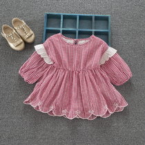 0-3岁女宝宝格子连衣裙新款婴幼儿纯棉花边飞袖娃娃长袖公主裙子(100cm/码标98)(红色)