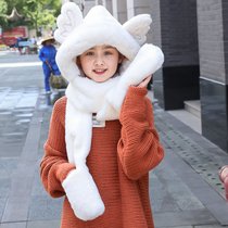 恐龙帽子围巾一体冬季儿童护耳保暖可爱男童女宝宝毛绒手套三件套(儿童天使-白色 均码（适合2-15岁）)