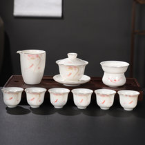 羊脂玉瓷功夫茶具套装 手绘白瓷家用办公茶杯泡茶整套茶具(鱼戏莲花粉-手绘)