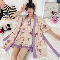 SUNTEK夏季睡衣女薄款三件套装吊带短裤女式和服可爱萝卜家居服夏天(DJ-2908紫色兔)
