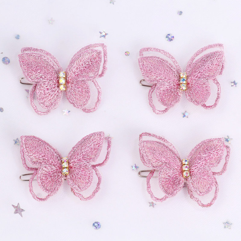扣夹手工发夹小公主女孩发饰宝宝发卡(粉色带钻金丝纱网蝴蝶青蛙扣4只