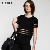 TITIKA运动短袖女款网纱拼接吸湿速干透气时尚健身圆领T恤62130(黑色 XS)