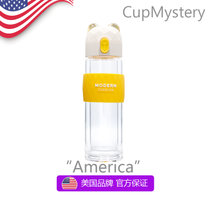 美国 cup mystery进口材质时尚大气双层带茶隔弹盖直身车载玻璃杯(蜜蜂 双层熊猫)