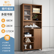 带门书架落地置物架客厅储物柜大容量简约家用儿童学生书柜收纳架(茶色上下门书柜【加固款】 默认版本)