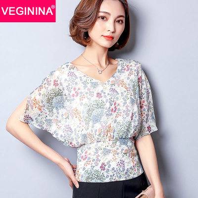 VEGININA 印花V领雪纺衫短袖2017夏新款上衣 9574(白色 S) VEGININA 印花V领雪纺衫短袖2017夏新款上衣 9574(白色 S)