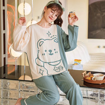 睡衣女士春夏季款纯棉长袖家居服全棉大码套装 条纹可爱图案睡衣套装5104(浅绿色 XL)