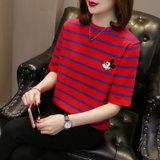 【灵薇雅】夏季韩版新款冰丝洋气条纹T恤薄款米奇刺绣时尚针织衫(红色 S)