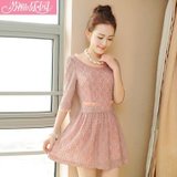 2013春夏装新款新品 韩版女装修身七分袖蕾丝连衣裙372(粉色 XL)