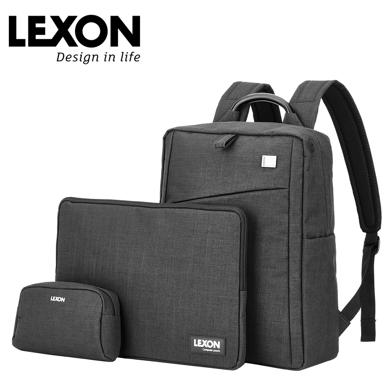 LEXON笔记本电脑包男士15.6寸大容量双肩包商务通勤背包休闲防水套装(黑色)