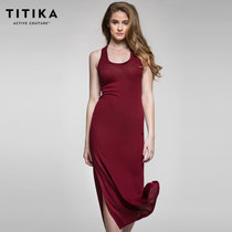TITIKA瑜伽服时尚修身连衣裙户外休闲长款吊带连衣裙开叉93474(酒红色 L)
