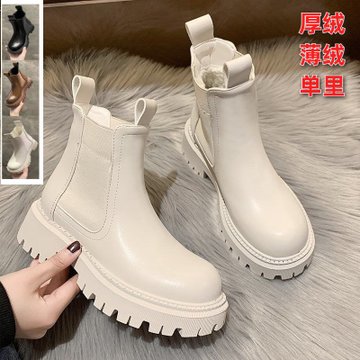 suntek烟管靴女加绒加厚棉鞋子百搭小短靴烟筒靴冬季配大衣米色切尔西