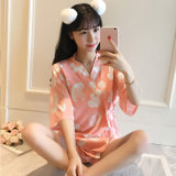 韩版学生睡衣女夏季短袖纯棉甜美可爱日系和服宽松家居服套装清新(虾色 M)