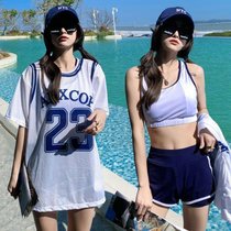 新款泳衣女保守学生韩版运动三件套分体平角遮肚显瘦温泉游泳装(浅蓝三件套 M(80-95斤）)