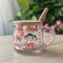 ins玻璃杯吸管牛奶早餐杯甜品杯可爱印花刻度杯子加盖勺女生礼物(380ml草莓女孩款+竹盖+木柄勺)
