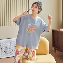 SUNTEK睡衣女夏季2022年七分裤高级感春夏天短袖薄款学生家居服套装(时尚5816)