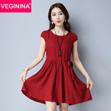 VEGININA  收腰修身短袖棉麻连衣裙 2908(红色 3XL)
