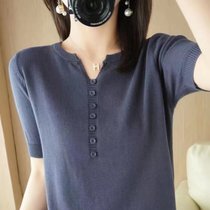 袖熙  新款夏季V领半袖T恤女宽松纯色短袖系扣上衣外穿(紫色 XL)