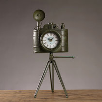 莎芮 欧式复古铁艺照相机钟表座钟摆件创意客厅卧室静音时钟台钟装饰品(F05C绿色)
