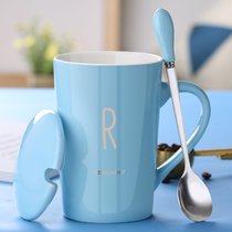 创意个性陶瓷马克杯带盖勺喝水杯子男生家用大容量茶杯情侣咖啡杯(天蓝款-R)