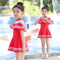 儿童泳衣女女童中大童连体公主裙式游泳衣可爱宝宝婴幼儿小童泳装(红色 4XL（140-150CM）甜美可爱 时尚小公主)