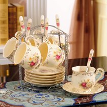 欧式陶瓷咖啡杯子套装英式下午花茶家用小奢华优雅咖啡杯高档精致(米黄~花海6杯6碟6勺  送杯架)