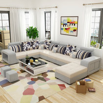 忆斧至家 大小户型可拆洗 简约现代客厅家具整装转角U型组合沙发(米黄色 （五件套）送托盘+地毯)