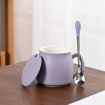 陶瓷杯子马克杯带盖勺创意情侣早餐杯男女水杯牛奶杯家用咖啡杯(浅紫早餐杯+专属勺+盖子)