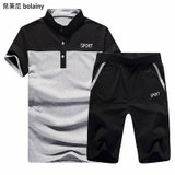 帛莱尼(bolainy)2015夏季男士短袖t恤套装韩版休闲运动polo衫半袖体恤B014(黑色 S)