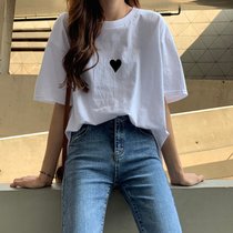 SUNTEK白色短袖t恤女2022早春新款夏季宽松设计感小众打底衫上衣ins(M 【96-115斤】 纯棉短袖【黑色爱心】)