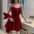 法式气质红色吊带晚礼服裙子早秋女装金丝绒赫本风显瘦连衣裙套装(XL 建议115-125斤 红色披肩)