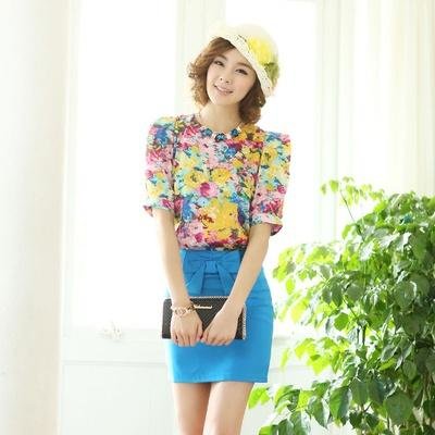 2013春夏新款女装韩版女装时尚印花泡泡袖圆领衬衫
