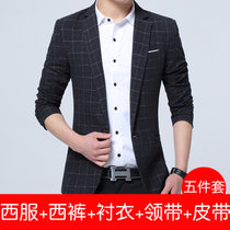 Bebeeru男士秋季休闲外套格子毛呢小西装男修身帅气单西服韩版套装上衣潮   SY771(SY771黑格子 2XL)