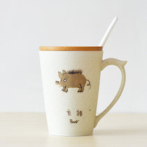 简约十二生肖陶瓷杯子创意马克杯带盖勺杯早餐杯(生肖猪+送盖勺杯垫)