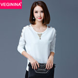 VEGININA 韩版宽松显瘦圆领拼接纯色长袖女T恤 10026(白色 3XL)
