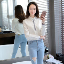 Mistletoe2017春装翻领拼接条纹纯色韩版白衬衫女长袖修身衬衣女装(白色 L)