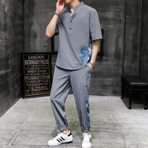冰丝套装男夏季薄款唐装短袖T恤潮流大码中国风男装帅气一套衣服(3618套装灰色 XL)