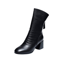 SUNTEK中筒靴女加绒冬款靴子2021年冬季新款中跟女鞋棉鞋短靴马丁靴(36 黑色单里)