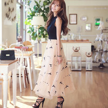 Mistletoe夏季新款女装明星款高腰长裙 无袖撞色拼接刺绣欧根纱连衣裙F6670(黑色 M)