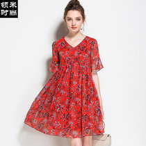 领米时尚 2017夏季女装新款时尚大码显瘦短袖印花雪纺连衣裙(红色 L)