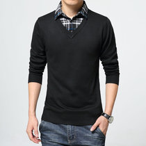 假两件衬衫领男士毛衣套头毛线衣男装韩版V领薄款春季男生针织衫E118(E118黑色薄款 M)