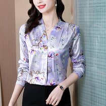 2022春季新款上衣长袖时尚V领大码衬衣印花洋气女士衬衫(木棉紫 M)