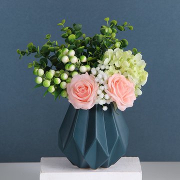 北欧陶瓷折纸花瓶莫兰迪花器仿真花艺玫瑰套装客厅玄关装饰摆件墨蓝