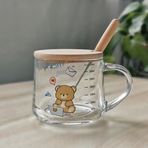 ins玻璃杯吸管牛奶早餐杯可爱卡通刻度杯子加盖勺礼品(380ml电脑熊熊款+竹盖+木柄勺)