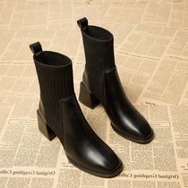 SUNTEK短靴女靴子2021年新款冬季加绒鞋子粗跟女鞋高跟鞋马丁靴秋冬袜靴(39 单里)