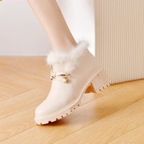 SUNTEK韩版短靴女学生2021年新款女靴子加绒高跟鞋子女秋冬季百搭毛毛鞋(40 杏色 厚绒里)